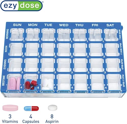 Miniatura 3 de Ezy Dose Organizador semanal de pastillas (7 días), caja de vitaminas y medicamentos, compartimentos pequeños con bandeja de fácil llenado, 4 veces