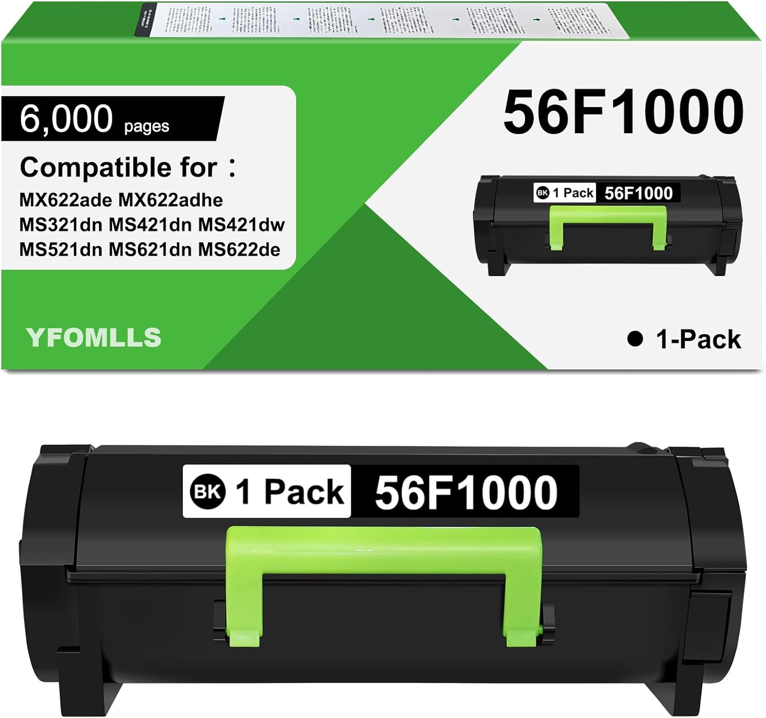 56F1000 Black Toner Cartridge Compatible for Lexmark 56F1000 56F1H00 56F1U00 Toner Cartridge for MX421 MX622 MS622 MS621 MS521 MS321 MS421 MX321 MX521 MX522Laser Printers(1 Pack,6,000 Pages)