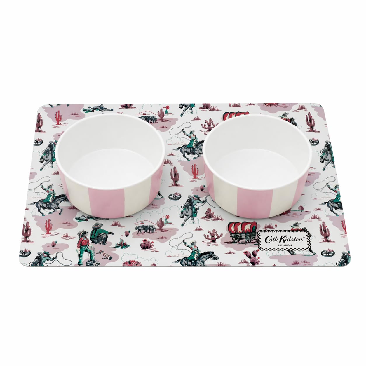 Cath Kidston Dog Bowl & Feeding Mat Gift Set – 2 Dishwasher Safe Ceramic Bowls 1.4L, Slip-Resistant Easy Clean Pet Feeding Mat 43 x 28 cm, Cowgirl Print