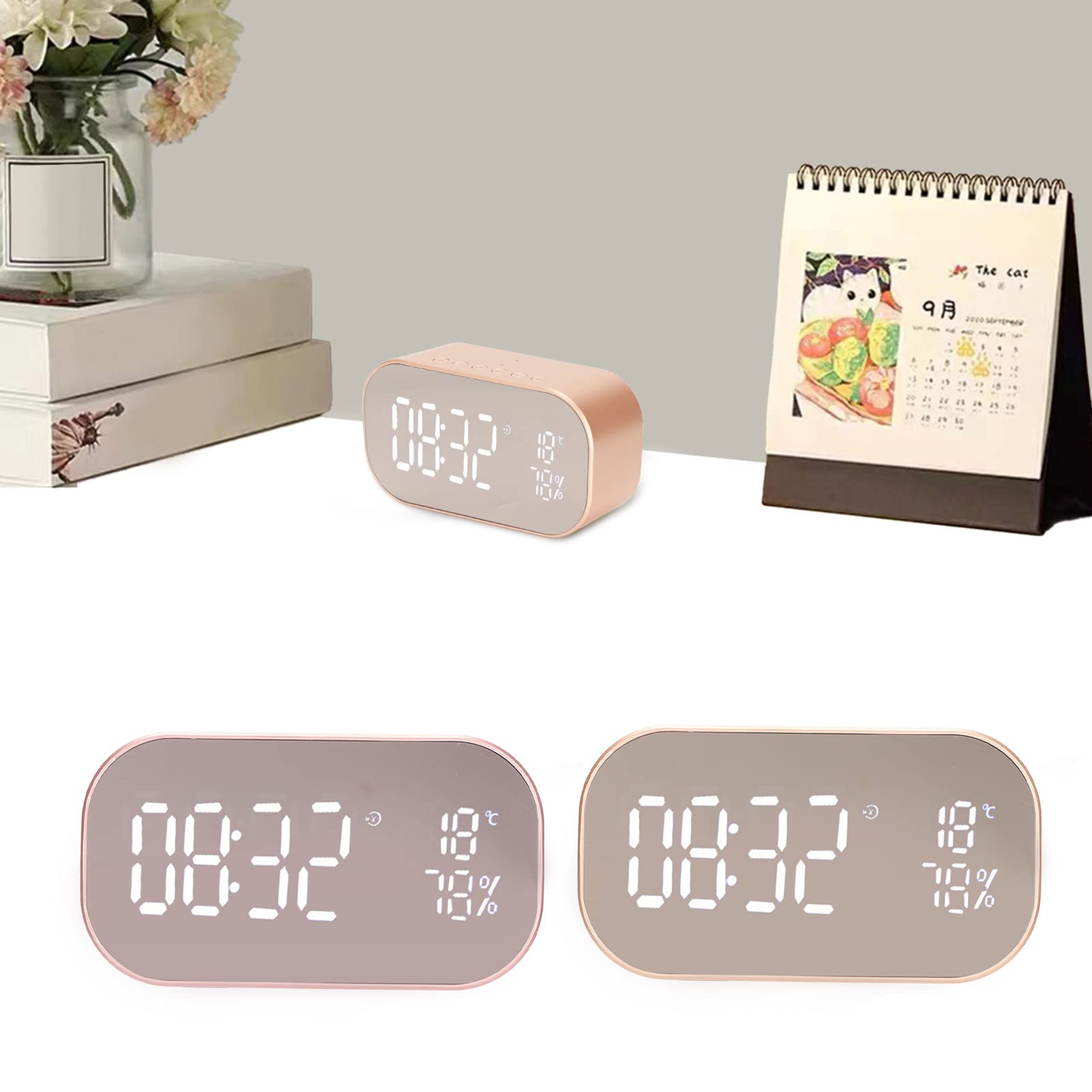 Cuifati Radio Reloj Despertador Digital USCCE con Altavoz Bluetooth, Llamada Bidireccional, 3 Brillos Ajustables, Radio FM, Múltiples Puertos, Termómetro, Respaldo de Batería(Oro Rosa)