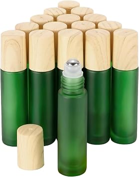 Ellbest 16pack 10ml Essential Oil Glass Bottle Glass Roller Bottles with Stainless Steel Roller Balls Small Travel Size Rollerballs for Perfume, DIY Cosmetic Sample Vials Containers Green Frosted