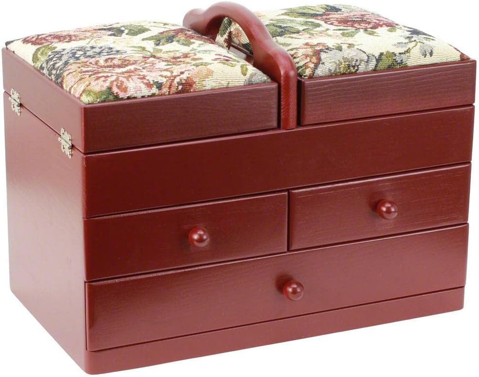 Classic Expanding Wood Sewing Box Basket Storage Caddy with tapestry padded lid, 2x3 Tiers with Easy Carrying Handle, Red
