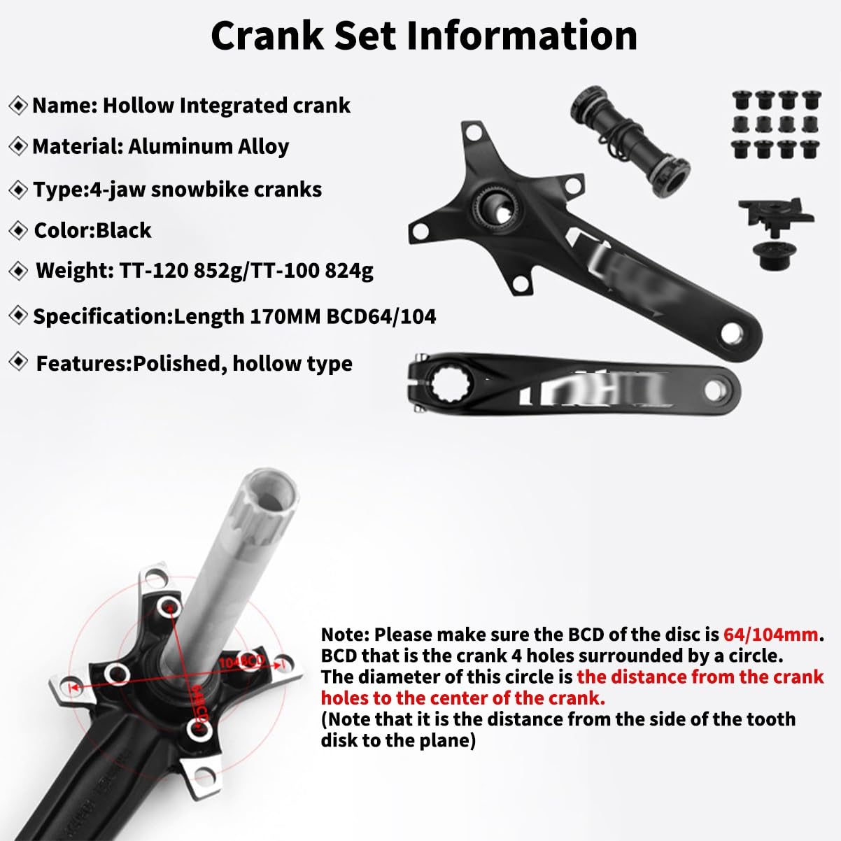 Bras De Manivelle VTT 127 Mm Creux Intégré 104 BCD – Alliage Aluminium Léger Et Robuste (Sans Boîtier De Pédalier)