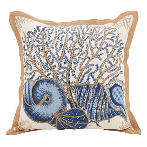 SARO LIFESTYLE Neptunian Coastal Throw Pillow – 20” x 20”, Woven Cotton Cover with Jute Trim, Zipper Closure, Down & Feather Insert – Seashell Medley, Navy Blue
