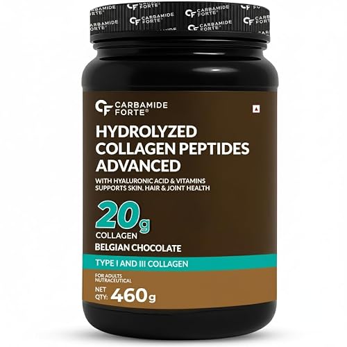 Carbamide Forte Hydrolyzed Collagen Peptides Supplements | Collagen Powder for Women & Men with 20g Peptides + 18g Protein Per Scoop | Type I & III with Hyaluronic Acid, Biotin, Vitamin C & E | Belgian Chocolate Flavour | 460g