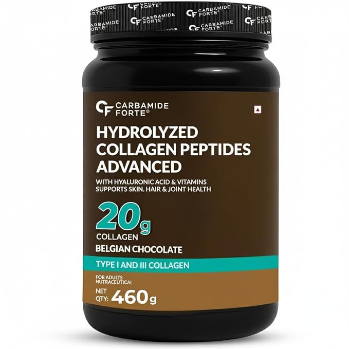 Carbamide Forte Hydrolyzed Collagen Peptides Supplements | Collagen Powder for Women & Men with 20g Peptides + 18g Protein Per Scoop | Type I & III with Hyaluronic Acid, Biotin, Vitamin C & E | Belgian Chocolate Flavour | 460g