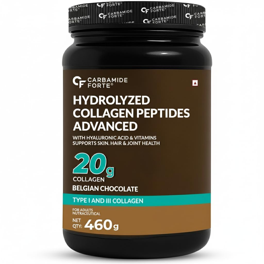 Carbamide Forte Hydrolyzed Collagen Supplements | Collagen Powder for Women & Men with 20g Peptides + 18g Protein Per Scoop | Type I & III with Hyaluronic Acid, Biotin, Vitamin C & E | Belgian Chocolate Flavour | 460g-image-11