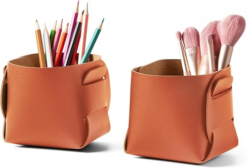 Miniatura 9 de HOMIEAZICOZI Paquete de 2 accesorios de almacenamiento de escritorio de cuero de corcho, soporte para lápices y bolígrafos, organizador de brochas