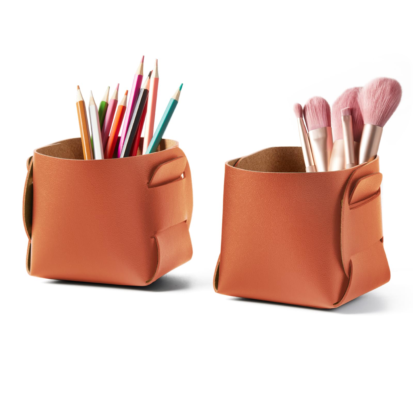 HOMIEAZICOZI 2-Pack Cork Leather Desk Accessories Storage - Pencil Pen Holder - Makeup Brush Holder Organizer - Stylish Addition to Home Decor (Orange)