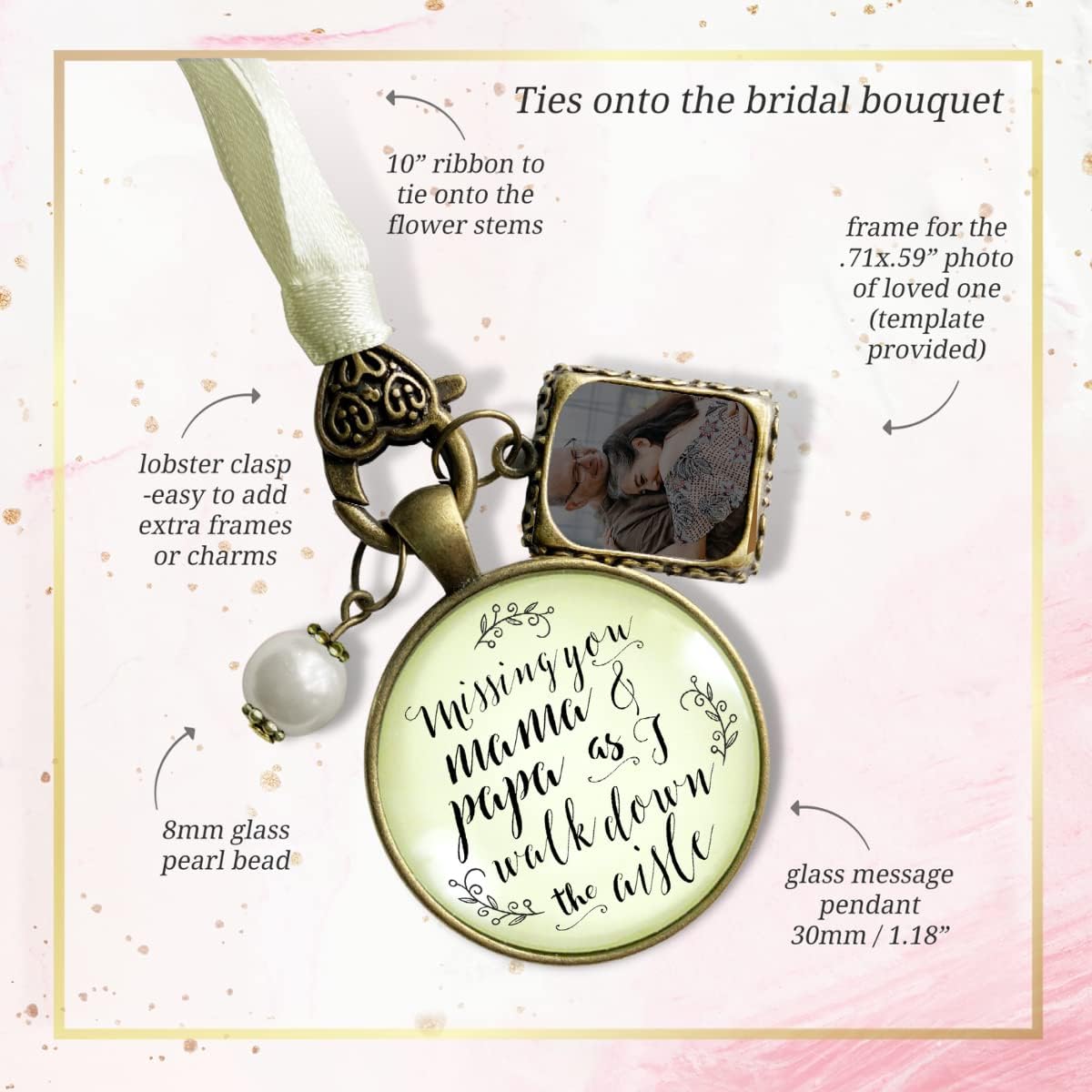 Gutsy Goodness Grandparents Bouquet Charm Customize Memory Wedding Keepsake Grandma and Grandpa Memaw and Papa Bronze Finish DIY Photo Frame Something Blue Option