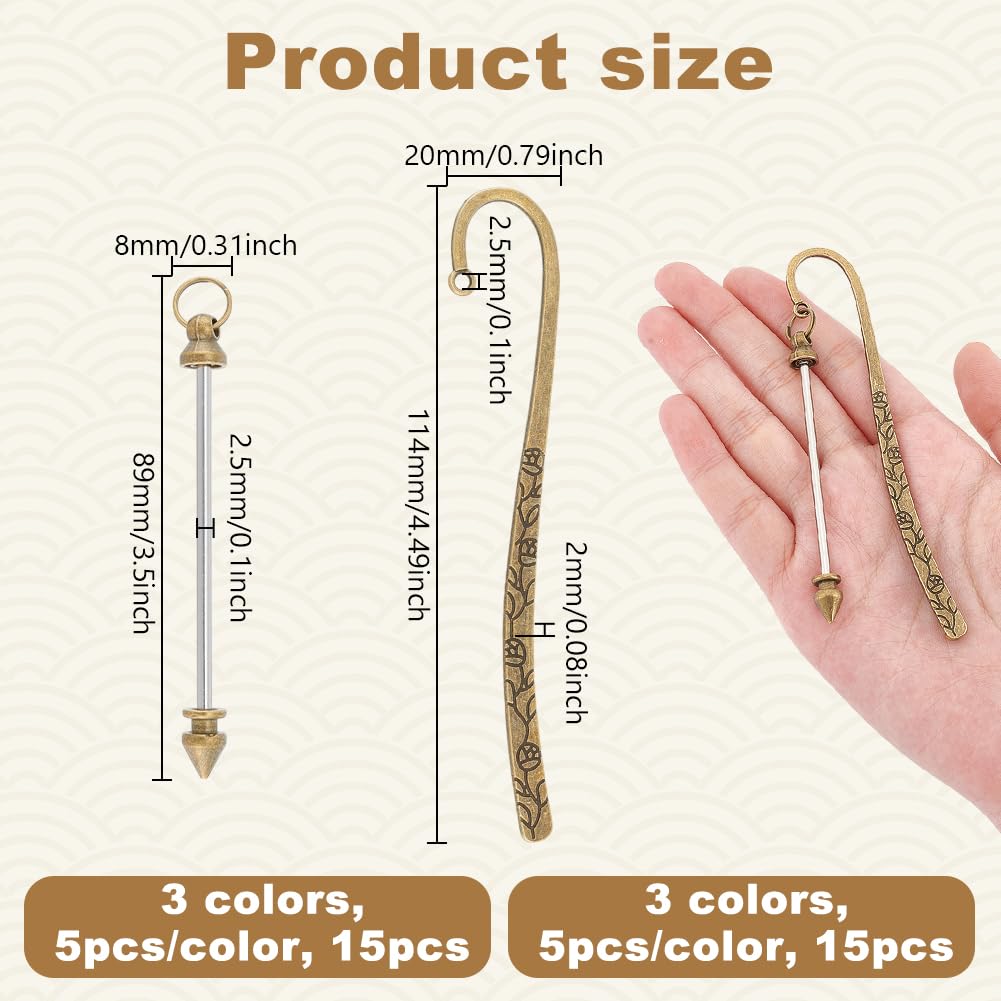 UNICRAFTALE 15Pcs 3 Colors Beadable Bookmarks DIY Metal Blank Bar Bookmark Hairpin Hook Bookmarks with 15Pcs Beadable Keychain Bar for Book Lovers Student Teacher Office Supplies - Image 3