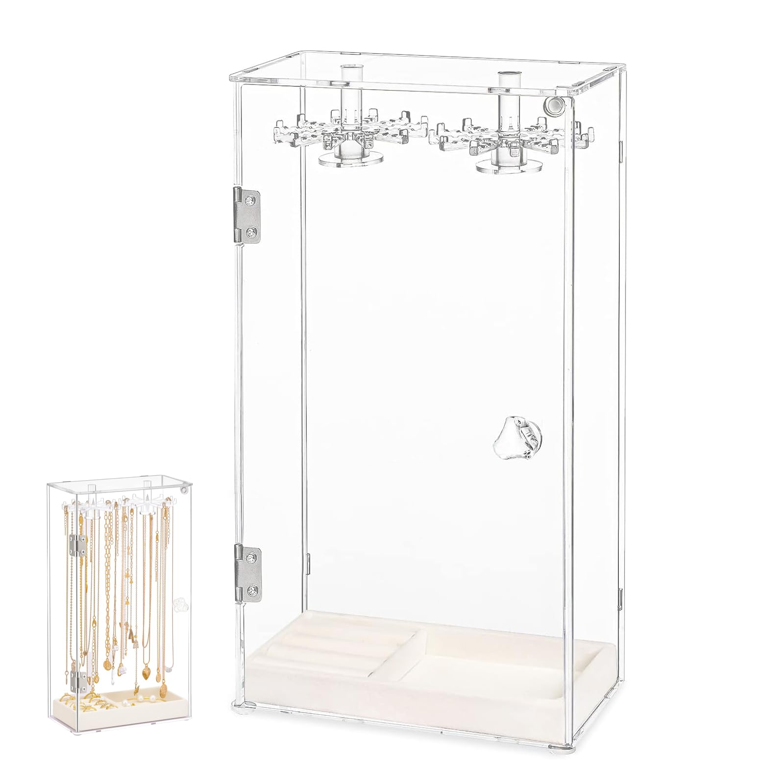 QKNOSM Necklace Stand, Acrylic Jewelry Stands with Velvet Tray Dustproof Necklace Holder Clear Jewellery Display Stand for Necklaces Bracelets Rings Earrings