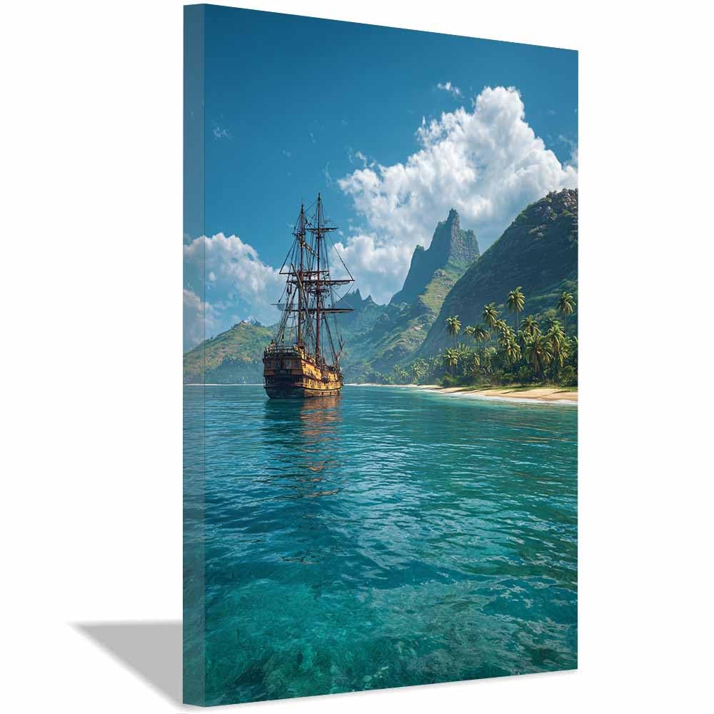 HOQIU Vintage wall art Pirates Ship Lagoon Views decorative painting, wall art, for Living Room Bathroom Bedroom Kitchen Decoration.(Multicolor)-60x80cm Framed