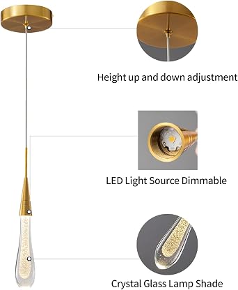 Kitchen Light Fixtures Ceiling Dimmable LED Modern Gold Pendant Light Mini Teardrop Crystal Pendant Light for Kitchen Island Bedroom Hallway Entryway (1-Pack) [Energy Class F]