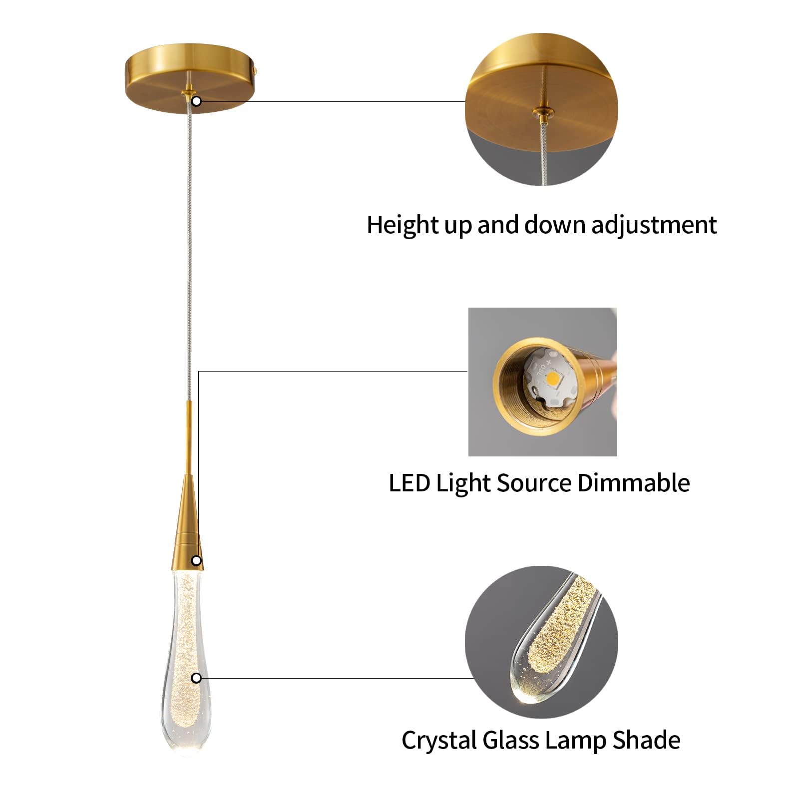 Lámparas de cocina de techo regulable LED moderna lámpara colgante de oro mini lámpara colgante de cristal en forma de lágrima para cocina, isla, dormitorio, pasillo, entrada (paquete de 1)