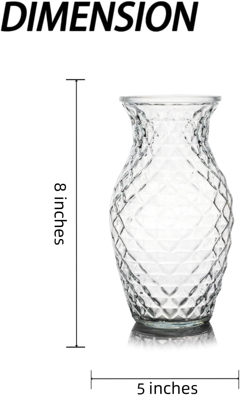 Enova Floral Clear Diamond-Faceted Glass Vase for Flowers 5.0" W 8.0" H,Glass Flower Vase, Flower Vase for Bouquet, Modern Glass Vase for Living Room (4, Clear-VUV0508)