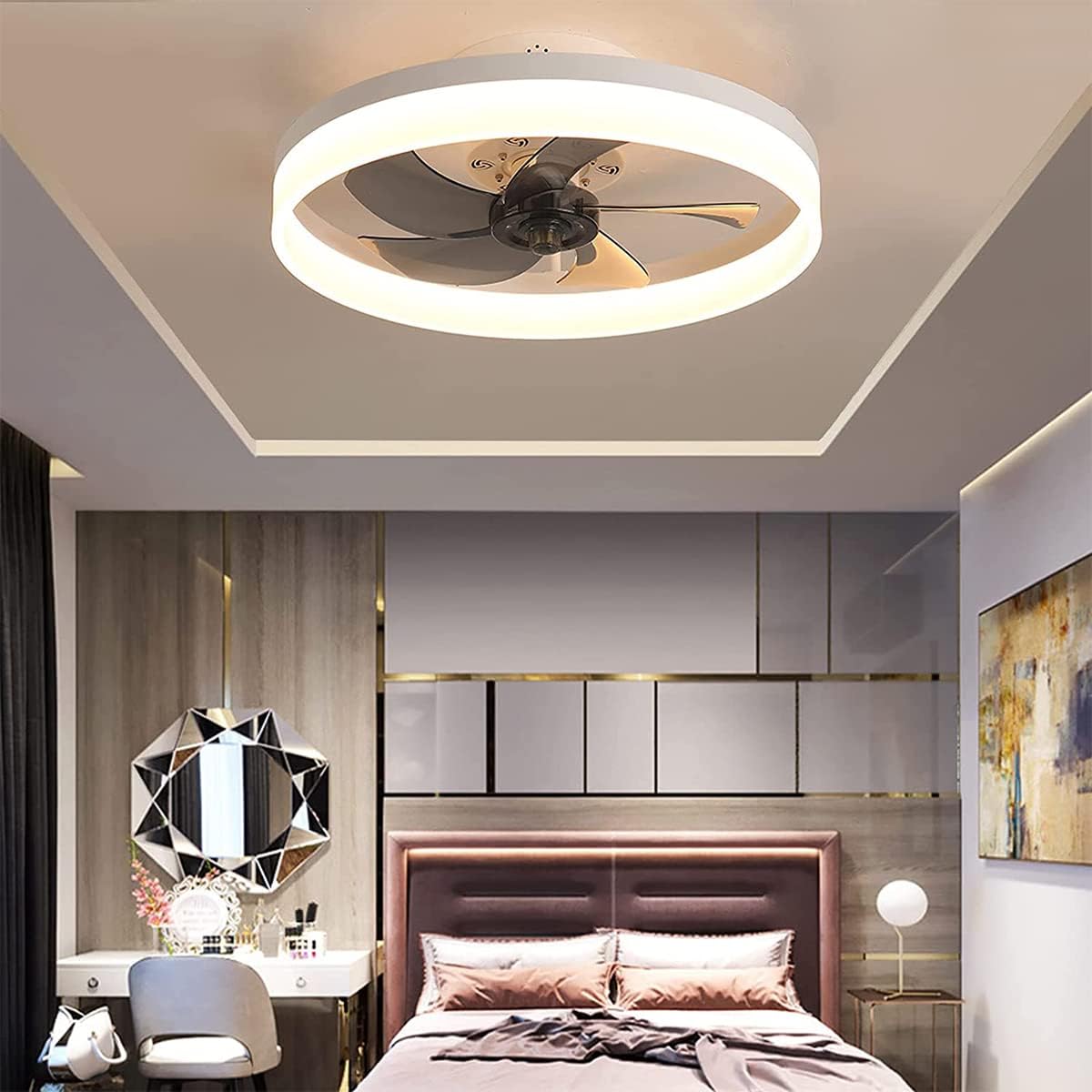 Flush Mount Ceiling Fan with Lights, 19.7" LED Dimmable Low Profile Bladeless Ceiling Fan with App and Remote Control, Ceiling Light with Fan Smart 3 Light Color Change and 6 Speeds Reversible,White