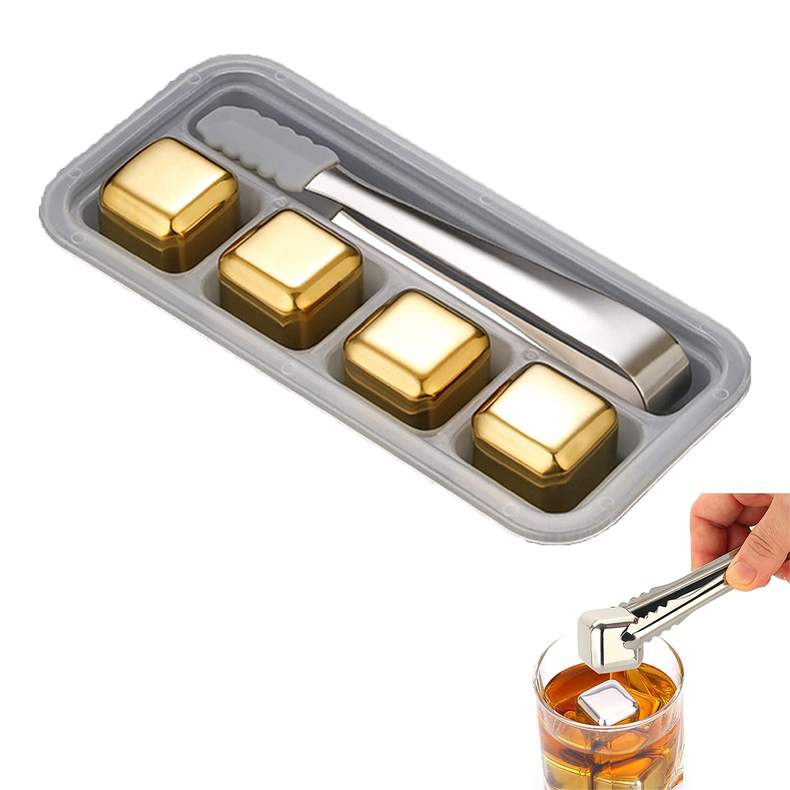 Piedras de Whisky Doradas Reutilizables Cubitos de Hielo Chilling Rocks Enfriador de Whisky Cubo de Hielo de Whisky Champagne Enfriador de Cerveza Acero Inoxidable,4PCS