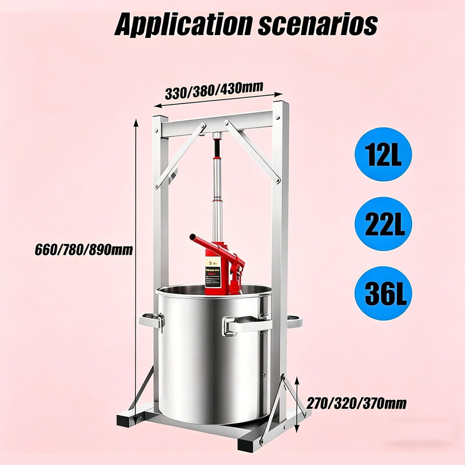 Pressa Idraulica per Frutta e Vino, Pressa Manuale per Frutta da 12L/22L/36L con Martinetto Idraulico da 3000kg - Cestello in Acciaio Inox 304 per la Produzione di Succo, Vino e Sidro 22L