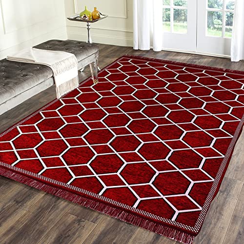 Image of Sparrow WorldGeometric Designer Superfine Exclusive Velvet Chenille Carpet /Area Rug /Bedside Runner (Maroon, 5 X 7 Feet (152.4 X 213.36 CM)