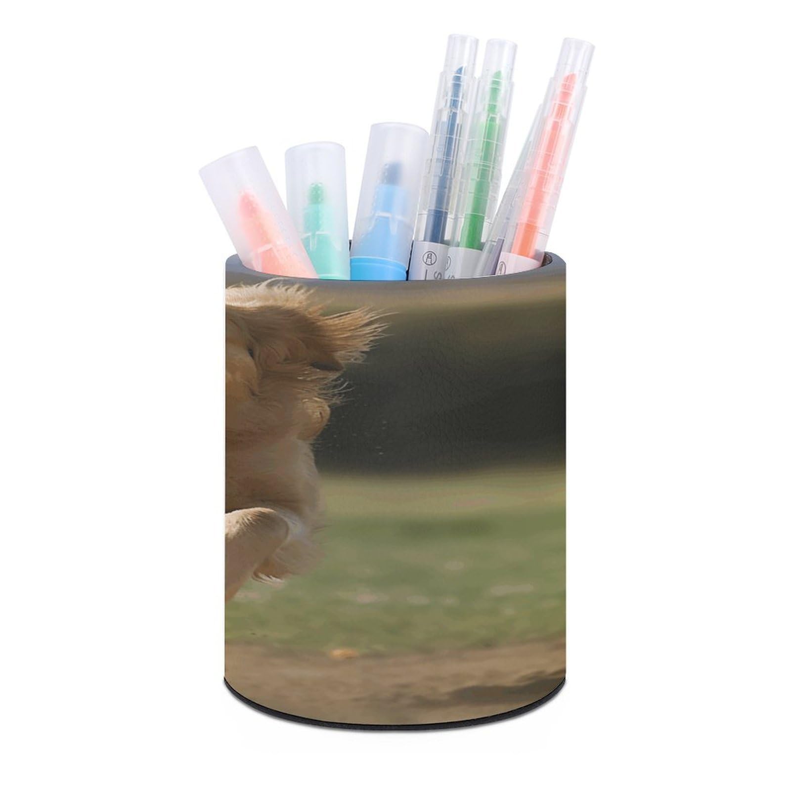 FekiLoot PU Leather Round Pen Holder Golden Retriever Running Pencil Holder Desk Organizer Pen Organizer Pen Cup Pencil Cup Caddy Desktop Stationery Organizers for Office Home Supplies