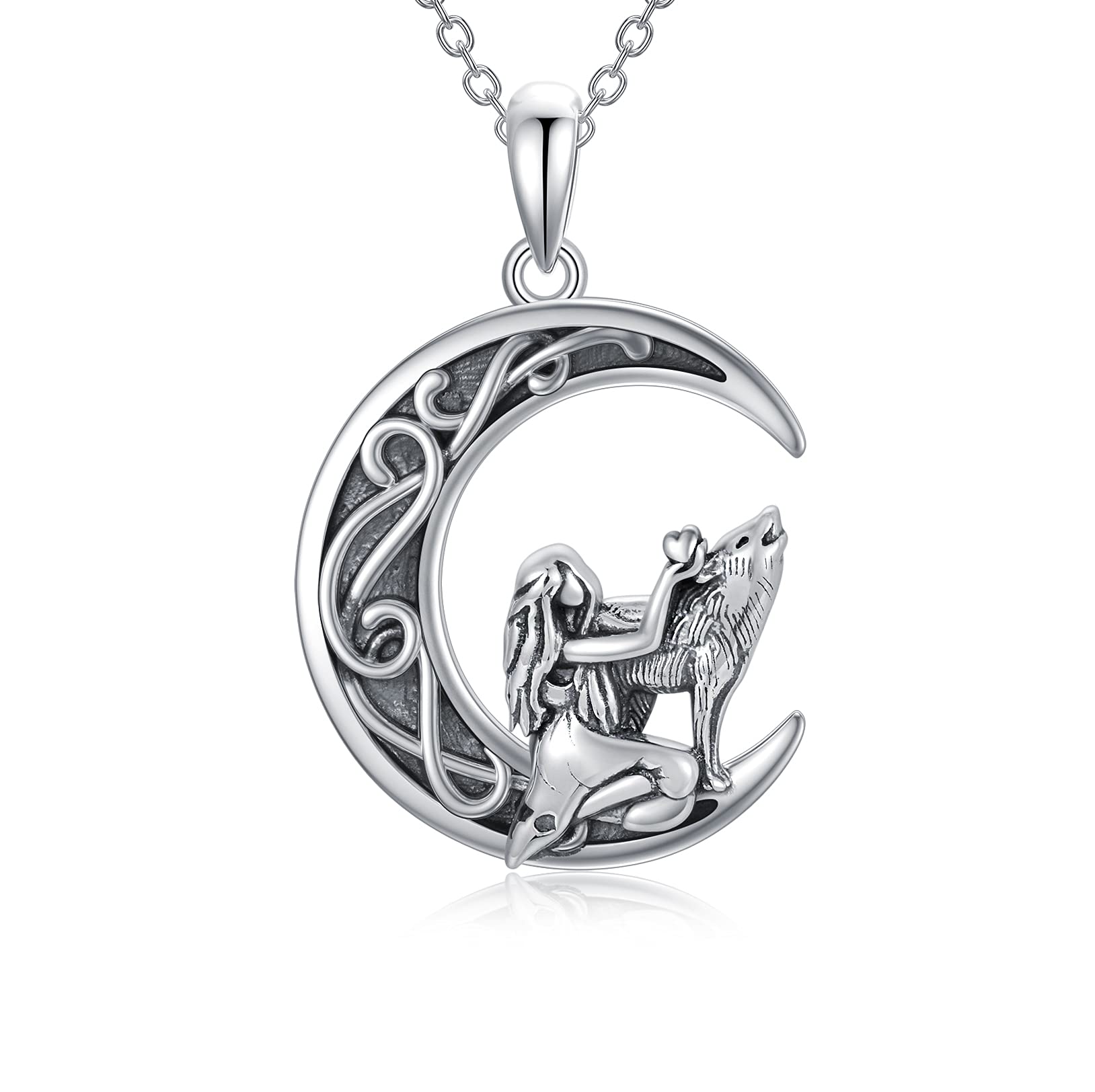 enjoylifecreative Wolf Necklace Sterling Silver Wolf Gifts for Girls Women Oxidation Wolf Girls Half Moon Pendant Jewellery Gifts, Sterling Silver