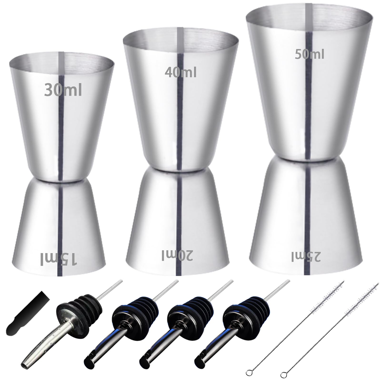 UZSUZZ 3 Pcs Stainless Steel Cocktail Measuring Cup, 30/50/60ml Cocktail Jigger Spirit Measure Cup, Gin Dual Measuring Jug with 2 Bottle Pourers & 2 Brushes, for Home Bar Wine Alcohol Drink Shaker