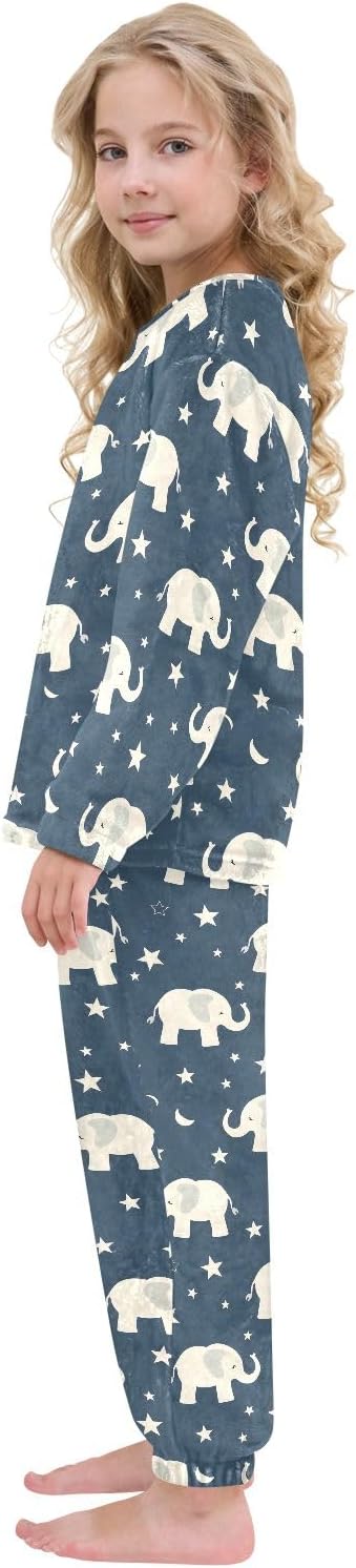 Kids Flannel Sets Little White Elephant and Stars Warm Plush Relaxed Clothing for Boys and Girls