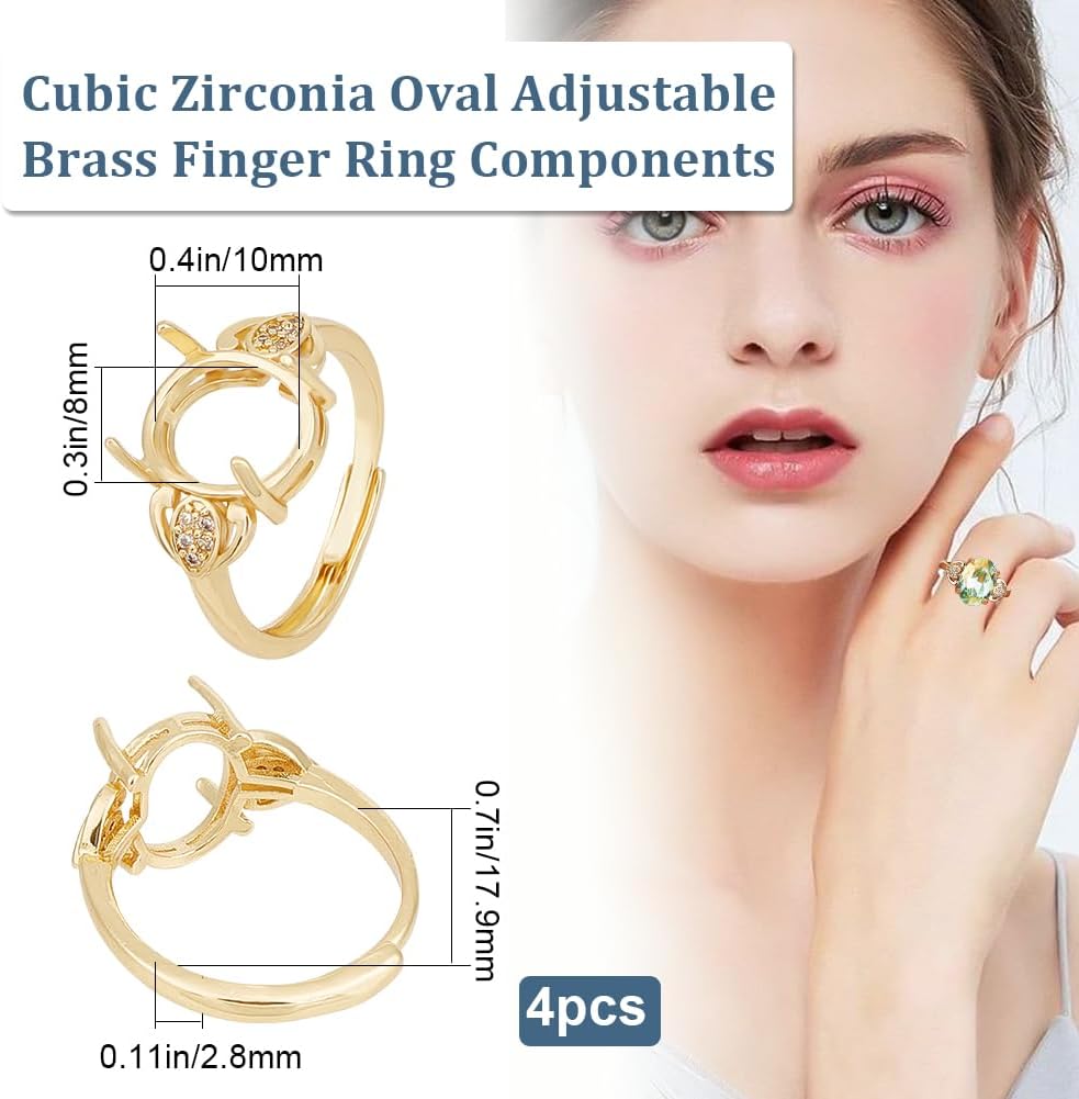 Beebeecraft 1 Box 4Pcs 4 Claw Prong Ring Settings Brass with Cubic Zirconia Adjustable Blanks Finger Ring Bases Components for DIY Ring Jewelry Making