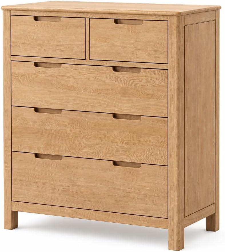 Solid Wood Nightstand, 5 Drawer Nightstand for Bedroom, Solid Wood Storage Organizer, Modern Chest of Drawers for Living Room, Hallway, Closet, Natural Oak (21" W x 16" D x 31" H)