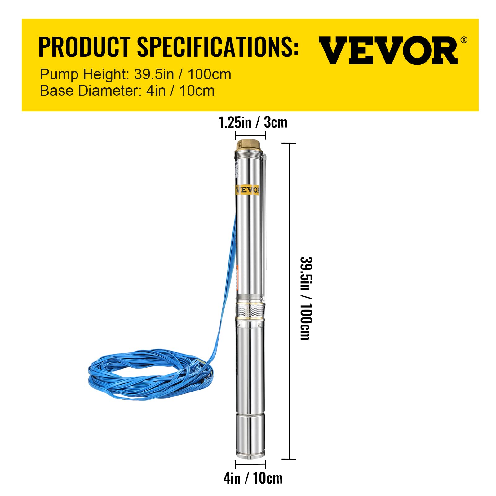 VEVOR Deep Well Pump, 1.5 hp 110V 50 Hz, Submersible Durable Stainless Steel, 1.5" Water Outlet w/131 FT Cable Wire & Control Box, for Farmland Irrigation, Domestic Supply, Deep/Shadow Well