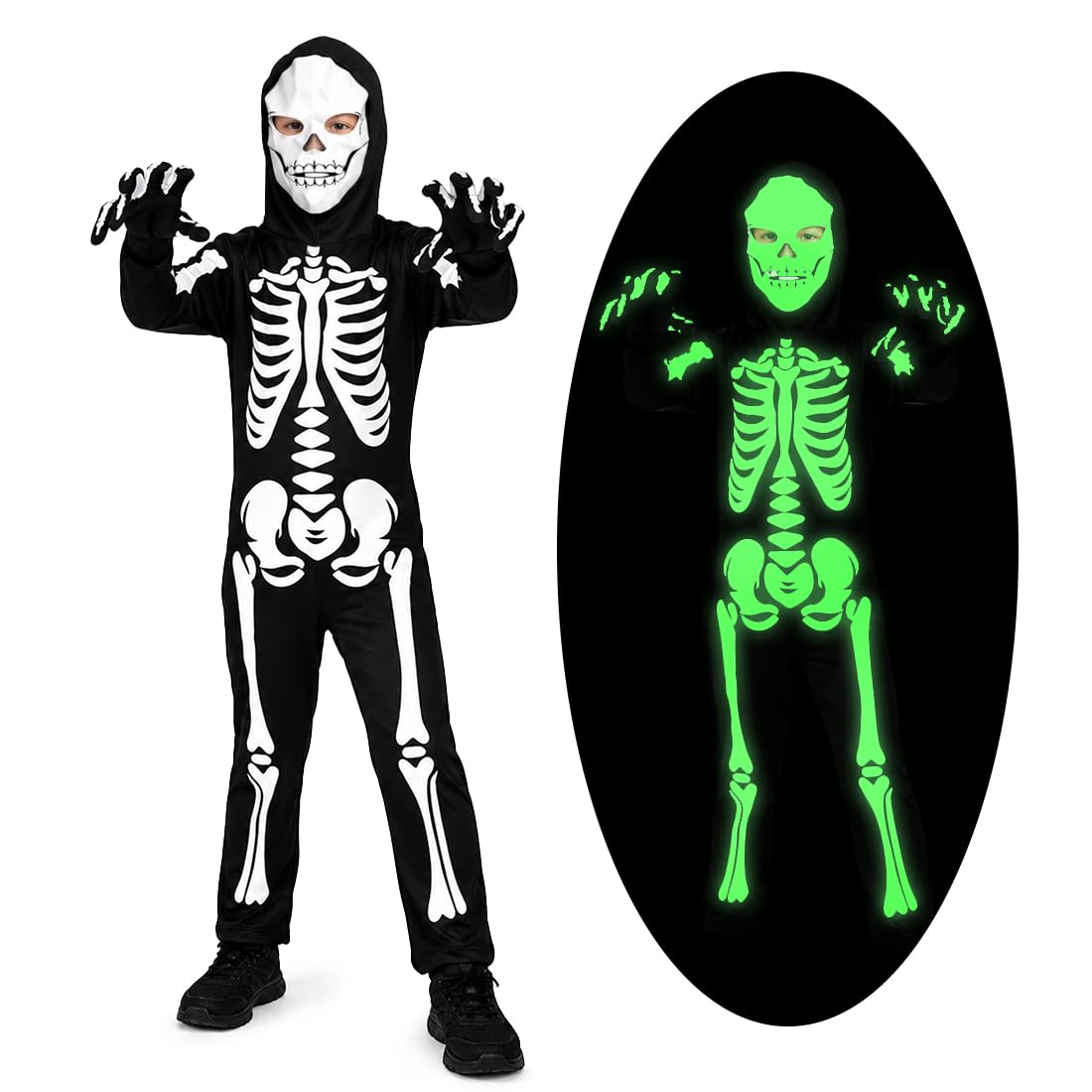 Bluelves Costume da Scheletro per Bambini, Unisex Halloween Carnevale, Travestimento Horror Con Ossa, Vestiti Bambino