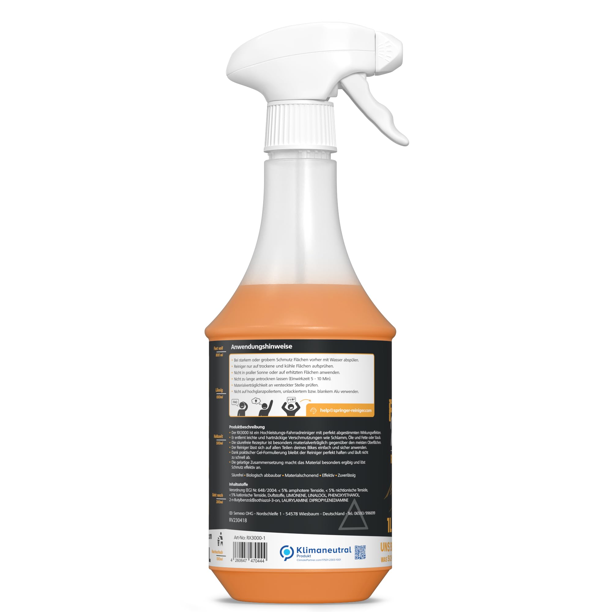 SPRINGER RX3000 – Detergente per bicicletta da 5 l – Detergente per bicicletta senza acidi & delicato sui materiali – Spray completo con formula gel ben adesiva – Cura ottimale della bicicletta di