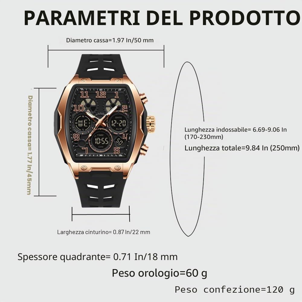 Uomo Orologi per Uomo Unico Rettangolo Orologi Militare Digitale Analogico Sport Impermeabile Orologio con Allarme, Cronometro, Conto Alla Rovescia, Suoneria Oraria, Luminoso Multifunzione