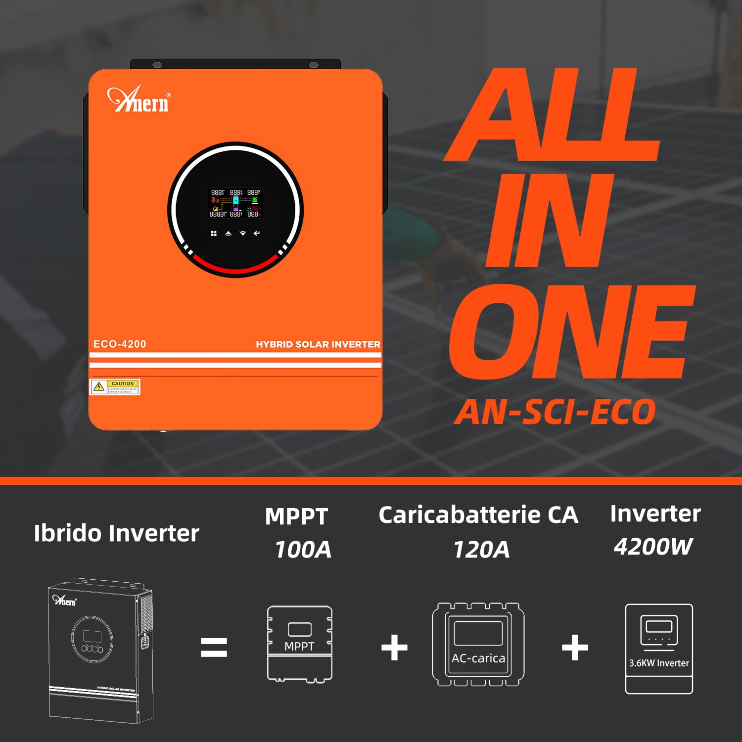 Anern 4200W Inverter ibrido 24V, uscita AC 230V con regolatore solare 120A, PV massimo 90~500VDC, inverter off-grid a onda sinusoidale pura con modulo WiFi, adatto per batteria da 24V