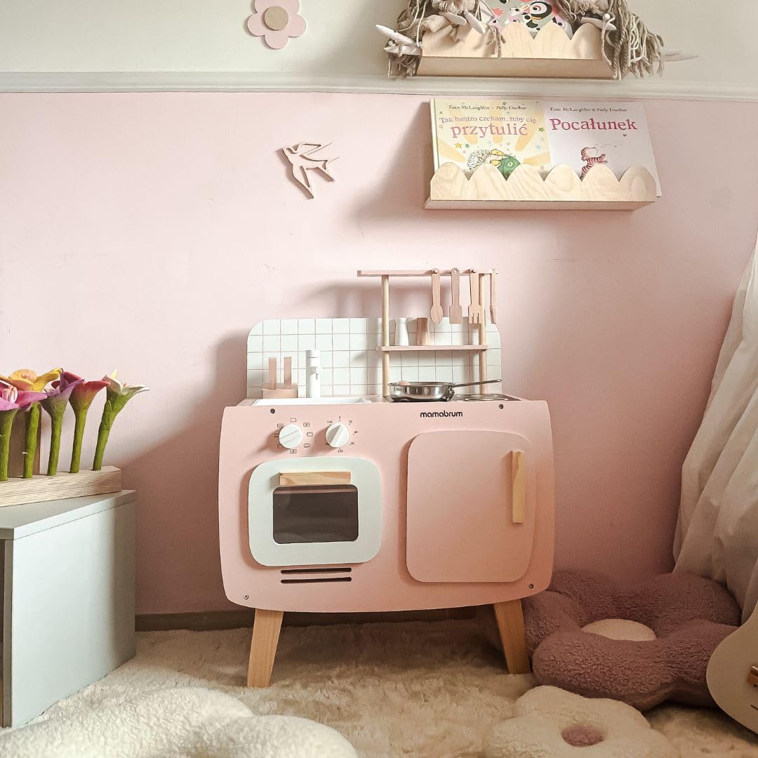 Mamabrum Drewniana Kuchnia dla Dzieci w Stylu Retro z Fartuszkiem, Garnkami i Akcesoriami, Zabawkowa do Zabawy, Pastelowy Róż