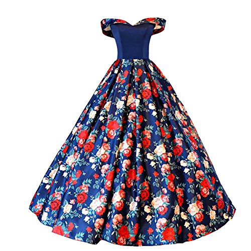 Lemai Women's Off Shoulder Royal Blue Satin Red Floral Print Long Prom  Party Dresses US 2 at Amazon Women's Clothing store