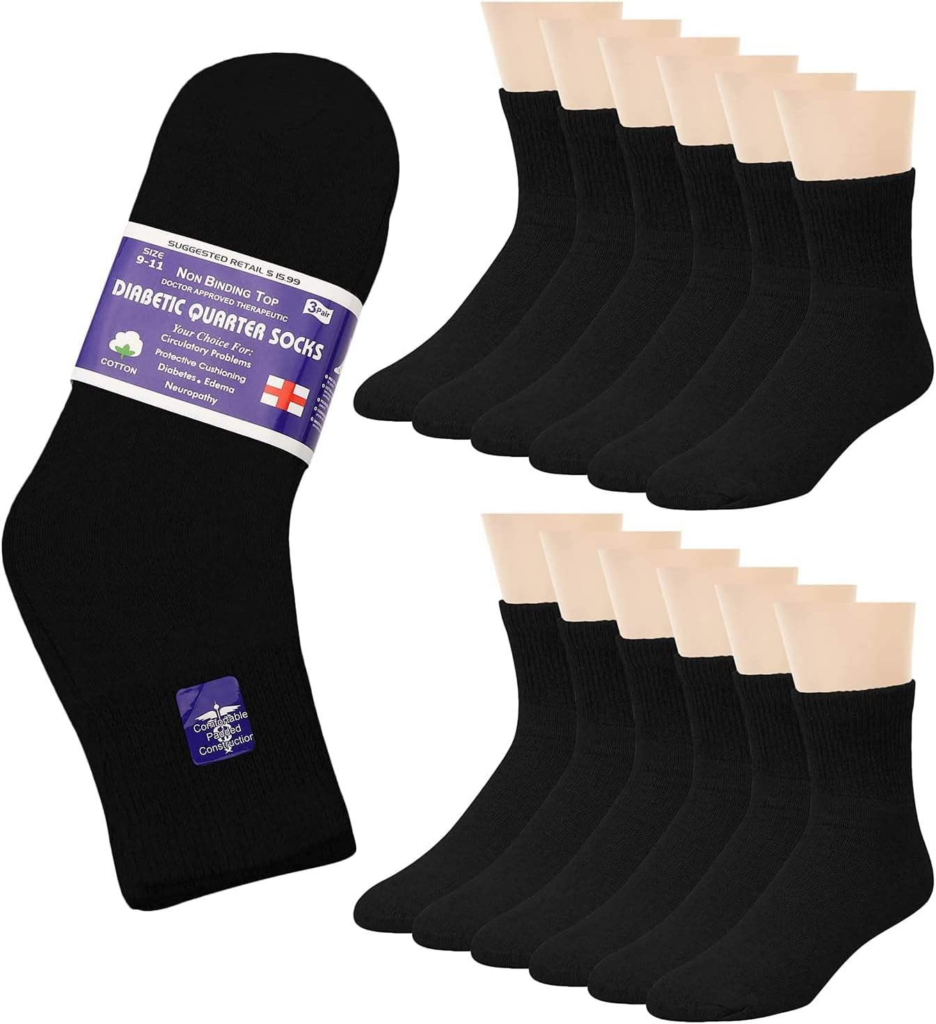 Falari 12-Pack Diabetic Socks Quarter Ankle Physicians Approved Socks Mens Womens Non-Binding Loose Fit Socks (9-11, Black)