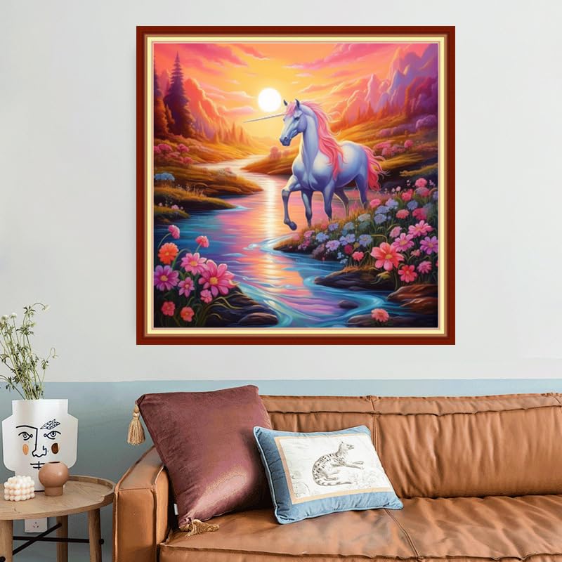 Image of Joyhoor Stamped Cross Stitch Kits for Beginners, Needlepoint Kits for Adults, 11CT Counted Embroidery Kits-Sunrise Unicorn 18x18 inchs