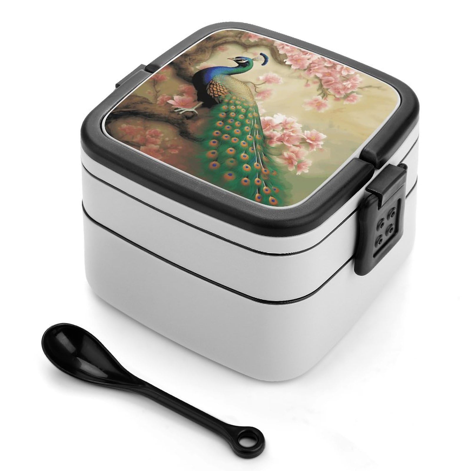 VstaDank Oriental Peacock on Flower Tree Bento Box Portable Adult Lunch Box with 2 Layer&Spoon Reusable Insulated Lunchbox Large Food Containers Leak Proof Lunch Containers for Work Camping Meal Prep
