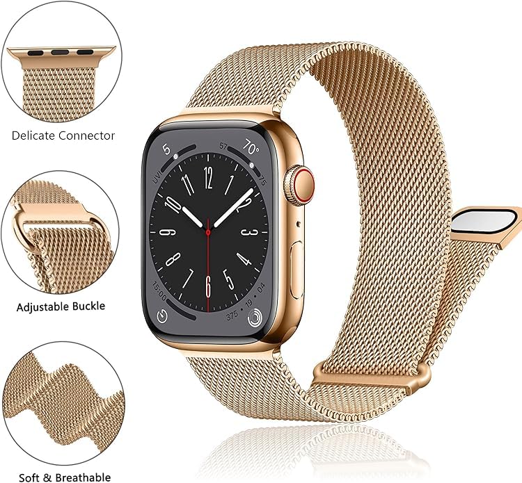 Image of Meyaar Magnetic Loop for Apple Watch Band 46mm 42mm 44mm 45mm 49mm Women Men,Magnet Stainless Steel Mesh Metal Strap for iWatch Ultra /2 Series 10 9 8 7 6 5 4,SE /2nd Generation (Pink- Rose Gold)