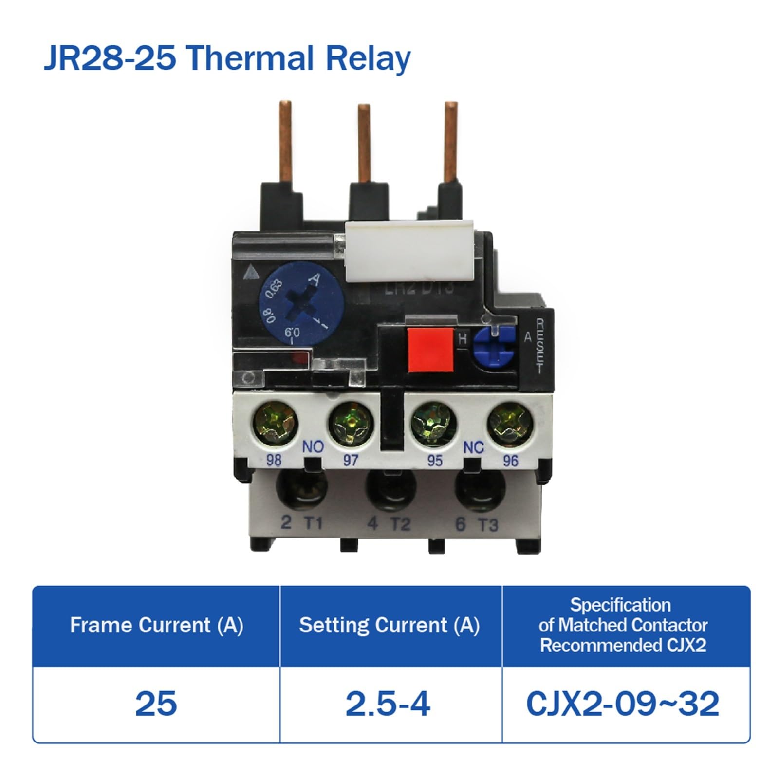 Relé de sobrecarga térmica JR28-25 1,6 A 2,5 A 4 A 6 A 8 A 10 A 13 A 18 A 25 A LR2D13 Relé térmico ajustable Relé de protección contra sobrecorriente(10pcs-2.5-4A)