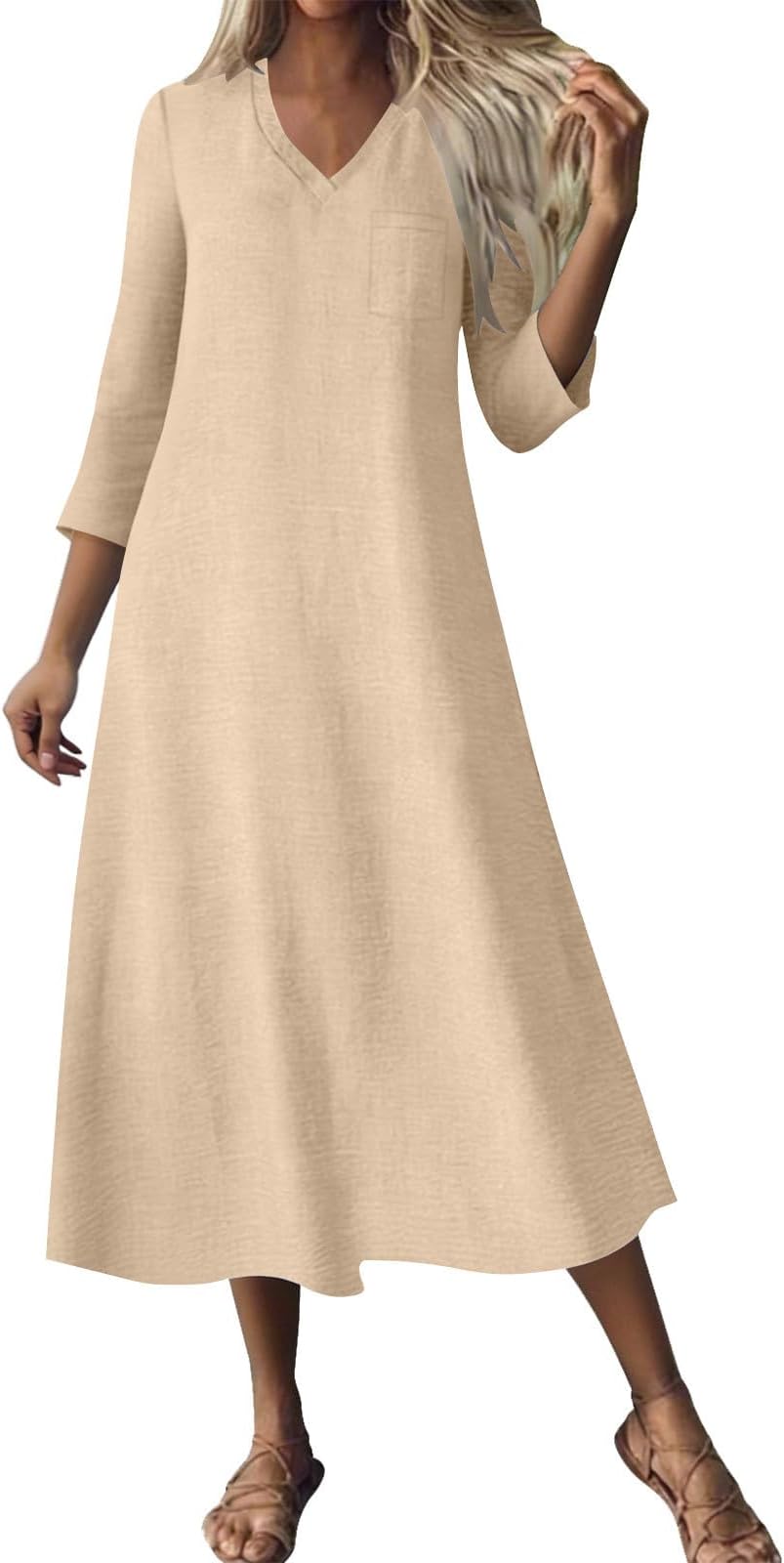 Women Summer Casual Dresses 3/4 Sleeve Solid Color Loose Fit Spring Sundress V Neck A Line Fashion Swing Midi Dress