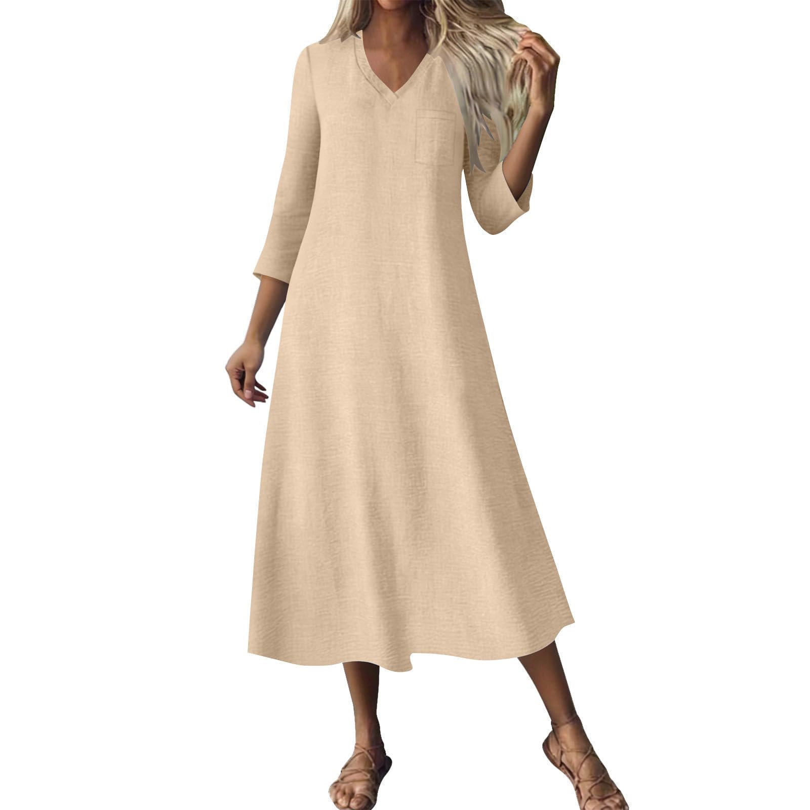 RLEHJN Maxikleider Damen Sommer,Langarm V-Ausschnitt Sommerkleid Boho Kleid Einfarbige Lang Strandkleid Leicht Und Luftig Leinenkleider Freizeitkleid Elegant Casual Kleider Baumwollkleid