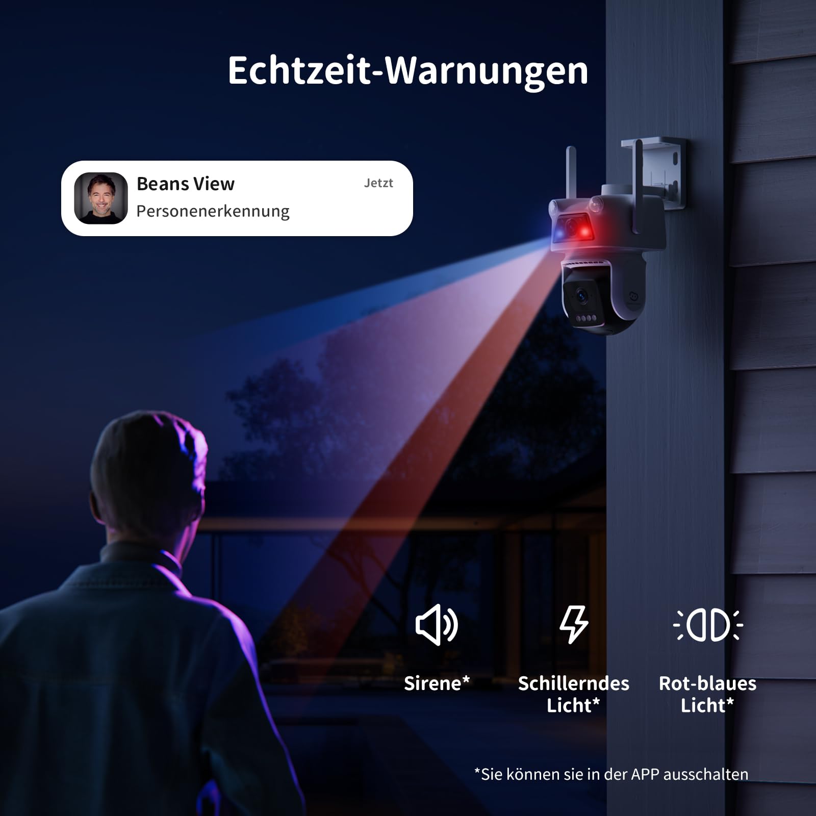 Beans View Überwachungskamera Aussen WLAN 3K+3K (10MP) Dual Objektiv - Ultra HD 360° PTZ Außenkamera mit KI Bewegungsmelder, Auto-Tracking, Farb-Nachtsicht, Audio, SD-Karte 512GB (D320)