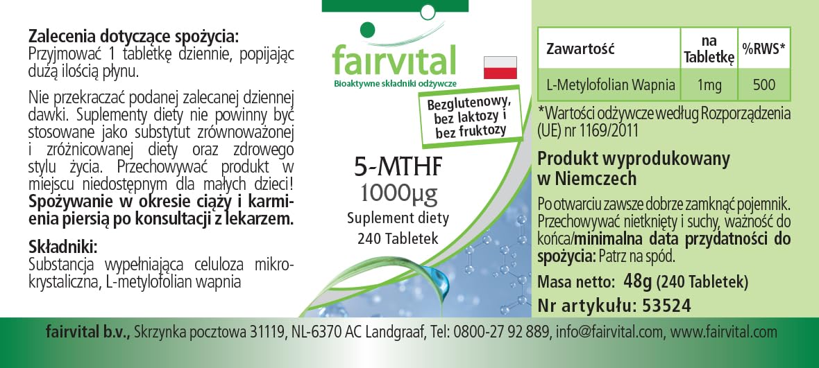 Fairvital | 5-MTHF - 240 tabletek - 1mg na tabletkę - bioaktywny kwas foliowy - płodność i ciąża - sprawdzona jakość i wysoka dawka - 100% wegańskie - wyprodukowano w Niemczech