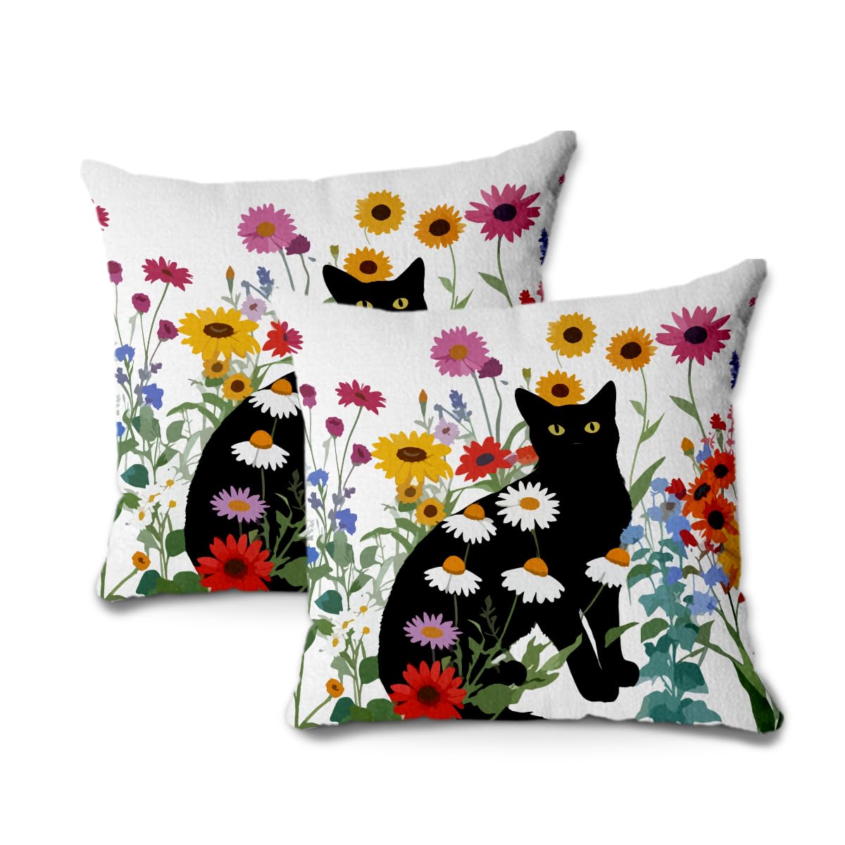 BQXH 2Pcs Flower Cat Pillow Covers Cat Decor Cats Themed Gifts Throw Pillow Square Cushion Covers 18x18 inch