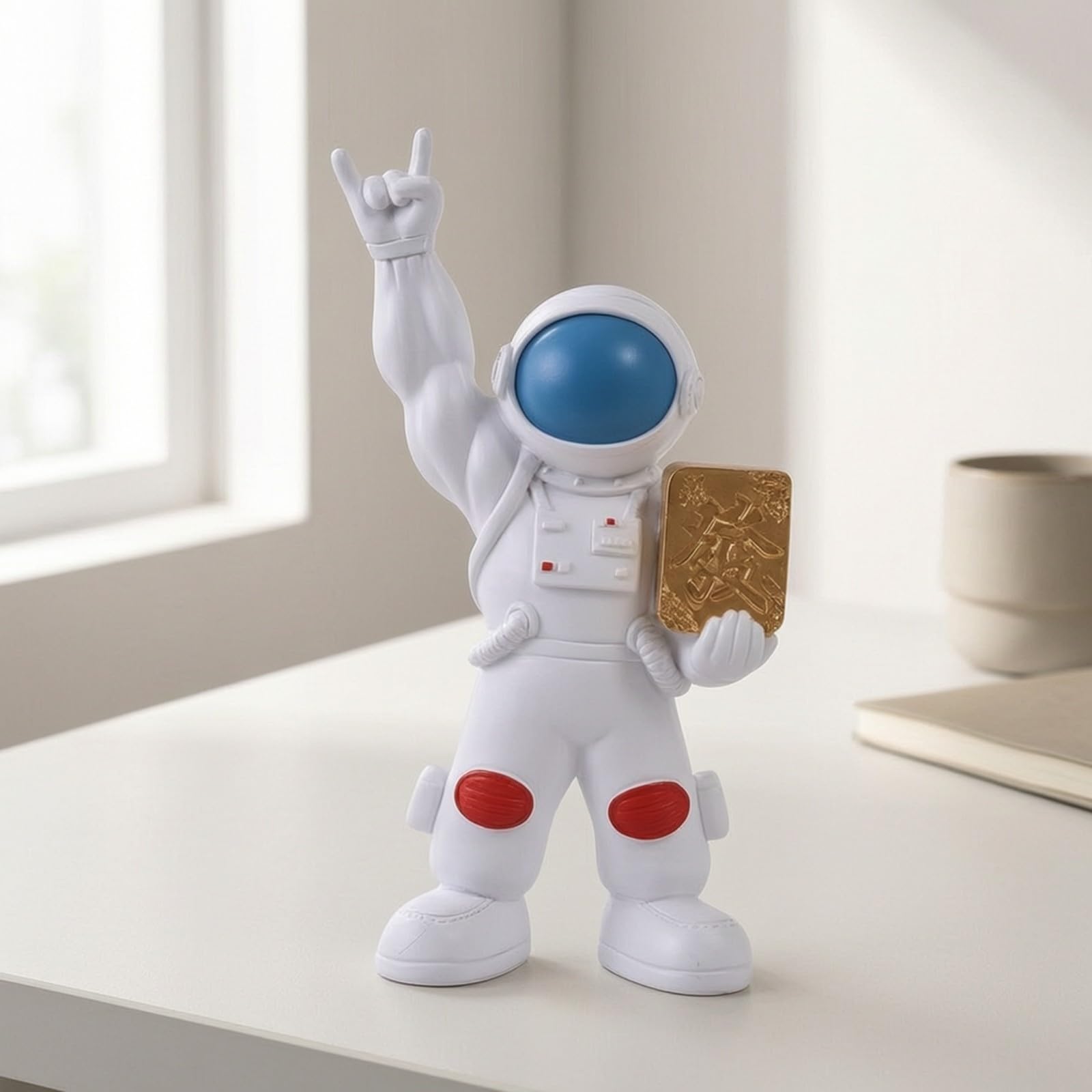 Statuetta in Resina Sintetica con Braccio Sollevato E Base Compatta per Scrivania E Ripiano da Ufficio Camera Letto E Libreria, Capelli Oro