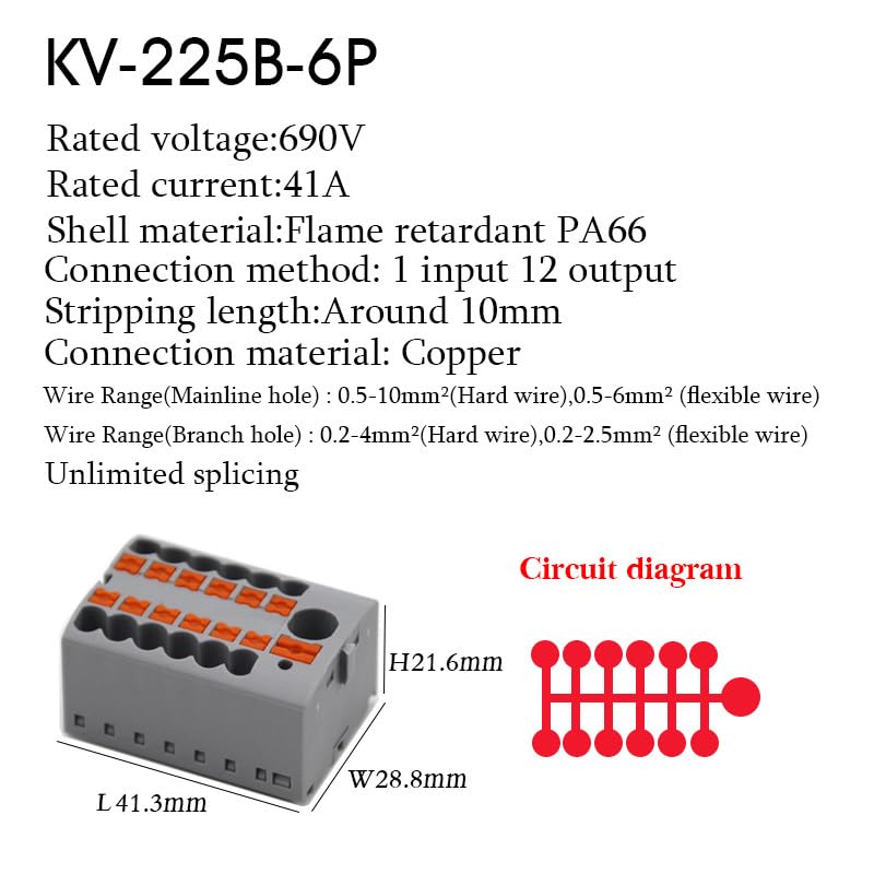 1PC 225 Series Wire Connectors Plug-in Electrical Terminal Block Spliceable One in Multiple Out Splitter Guide Rail Junction Box(225B-6PG)