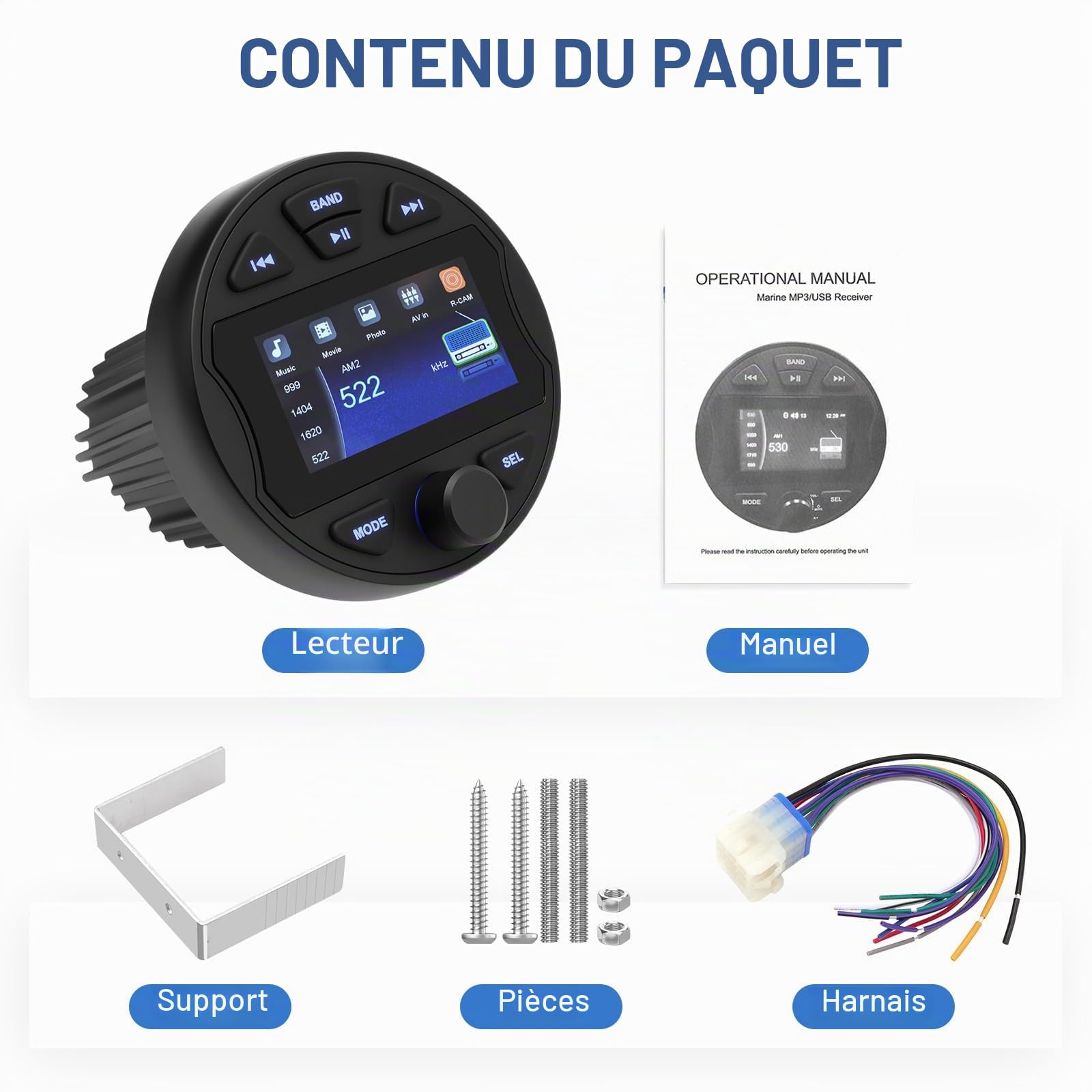 Radio marine RCA caisson de basses stéréo MP5 Lecteur multimédia pour BT & FM/AM Fonctionnel USB IPX6 étanche pour bateau et utilisation professionnelle